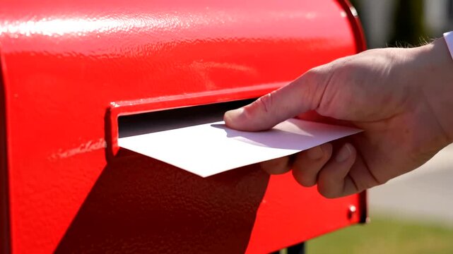 Close-up of a hand inserting a white envelope into a vibrant red mailbox, symbolizing communication and delivery.