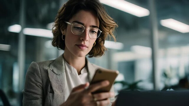 A woman with glasses is intently looking at her smartphone, possibly working or studying while on a break. She's in an office environment, which suggests she could be a professional or a student.