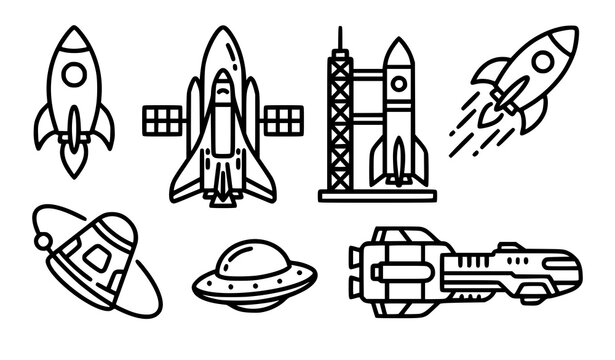 Rocket outline icon set vector spaceship line symbols for startup and technology interface design