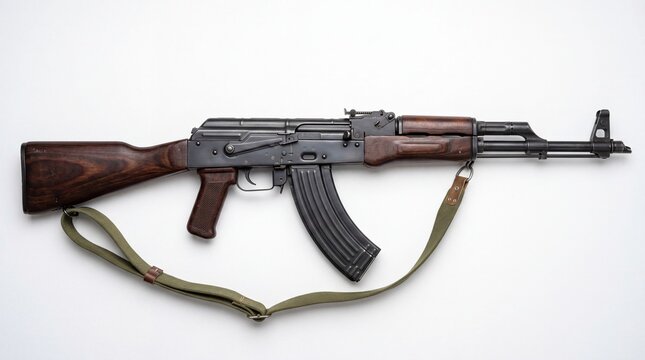 Classic ak 47 assault rifle with wooden stock and sling
