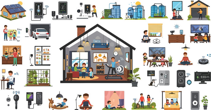 Smart home technology people using connected devices and appliances