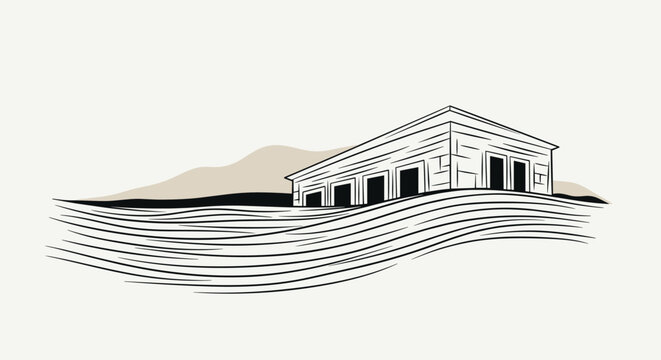 Woodcut style vector illustration depicting a large storage warehouse building situated on a grassy open field under a clear sky.