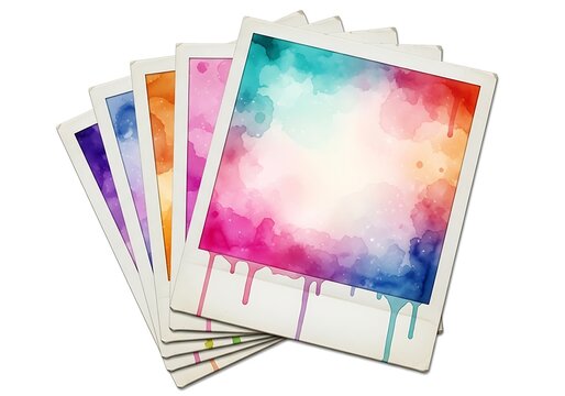 Vibrant watercolor splashes on a stack of artistic polaroid photo frames, showcasing creative abstract art concepts