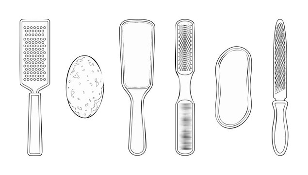 Foot Care Tools Pedicure Set for Skin Exfoliation and Smooth Feet Treatment. Collection of professional beauty equipment, callus removers, files, and pumice stone for salon spa hygiene maintenance iso