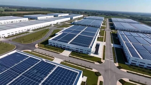 Industrial warehouse buildings with solar panels moving through aerial drone motion video footage