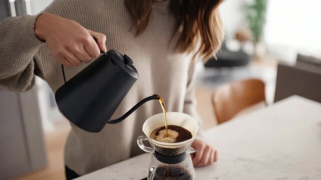 Woman pours hot water over coffee grounds. She holds a black kettle with grace. Coffee drips slowly into a clear glass carafe. Soft daylight fills the kitchen space. Hands move with quiet care
