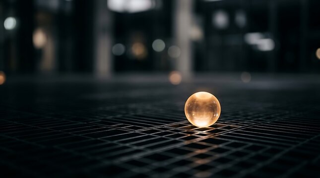 Glowing golden sphere resting on a dark grid pattern surface at night with soft bokeh lights