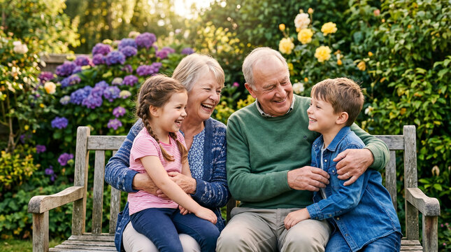 Elderly couple smiling and playing with grandchildren in garden  