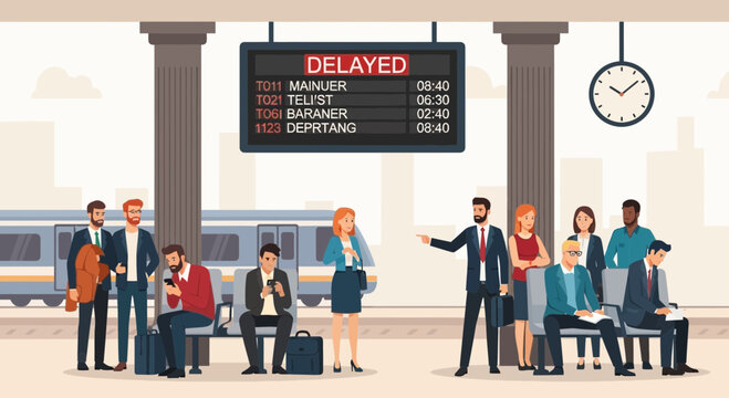 Commuters waiting at a train station platform with a delayed schedule board.