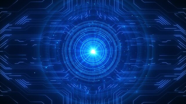 Blue circular HUD energy core with bright central flare, glowing circuit lines, scanner rings, and dark technology space. AI videos, data dashboards, cyber intros, software promos, futuristic overlays