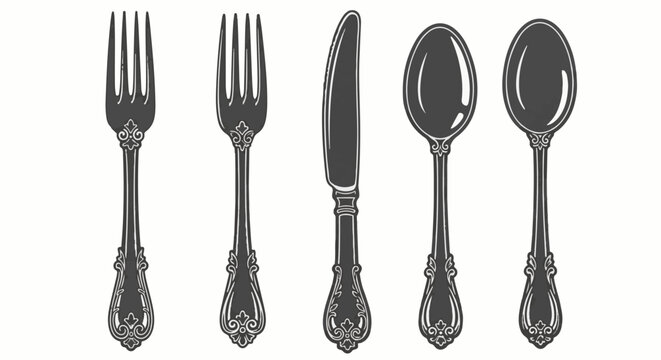 Ornate antique cutlery two forks, one knife, two spoons