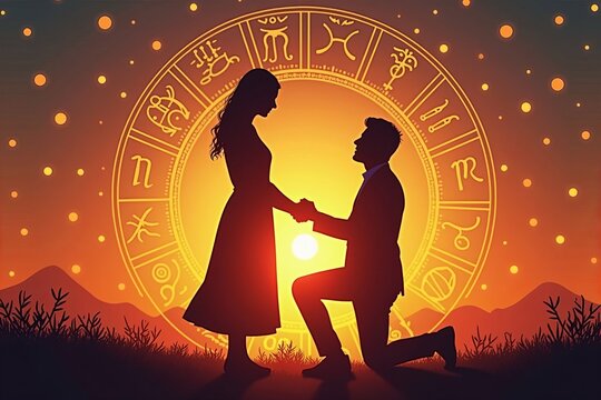 Astrology-Inspired Silhouette Photo of Couple's Romantic Sunset Proposal