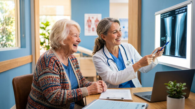Elderly woman laughing while consulting with doctor in examination room  