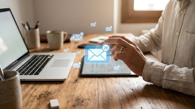 Person working at desk with laptop and tablet checking notifications email icon home office notification technology business