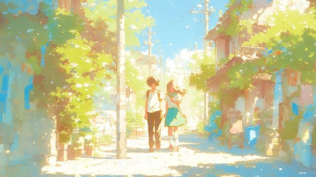 Japanese retro anime style, teenagers strolling through a sunlit small town street, cicadas buzzing, capturing the essence of youth and nostalgia on a summer day