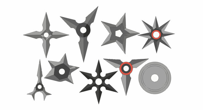 Collection of stylized throwing stars and a circular disc