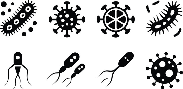 Various microscopic organisms including viruses bacteria and sperm cells, microscopic life forms scientific vector art, infectious agents and reproductive cells illustration, medical biology 