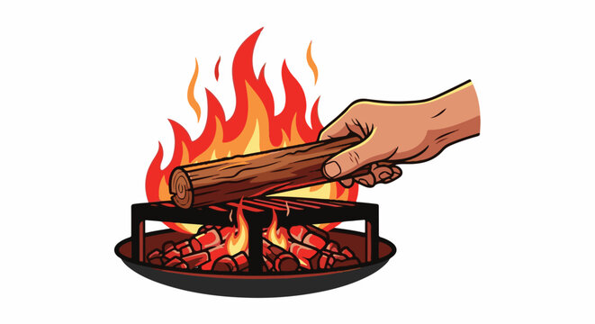 Hand adding log to a glowing charcoal grill with vibrant flames