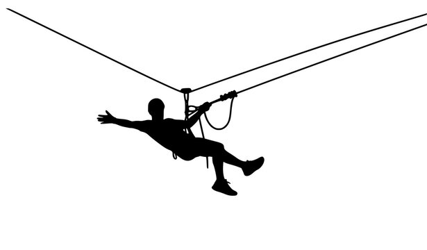 Extreme rope descent silhouette with man in adventure park zipline action vector design