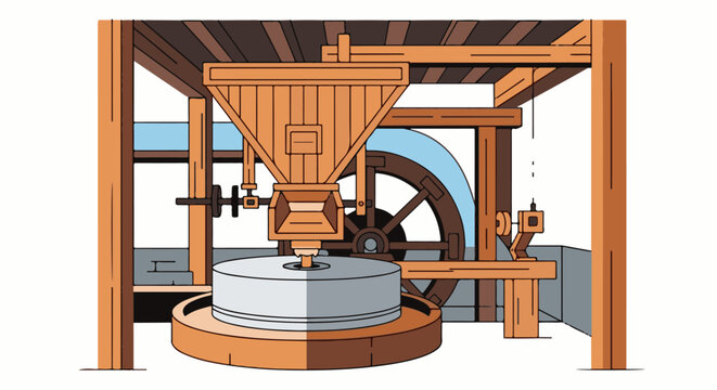 Interior view of a traditional water-powered grain mill with machinery