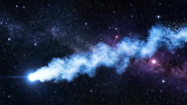 Cosmic comet streaking through deep space with glowing blue nebula clouds and sparkling distant star field