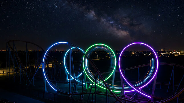 Illuminated Roller Coaster Loops at Night Under a Starry Sky