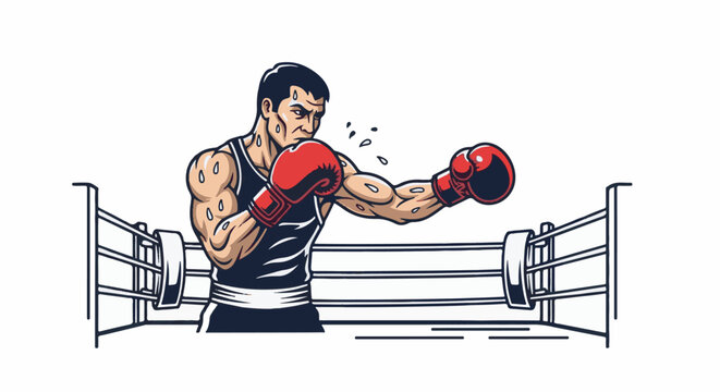 Muscular boxer in red gloves sweats and throws a punch inside a boxing ring