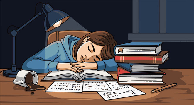 Student sleeping on books at desk with spilled coffee and notes
