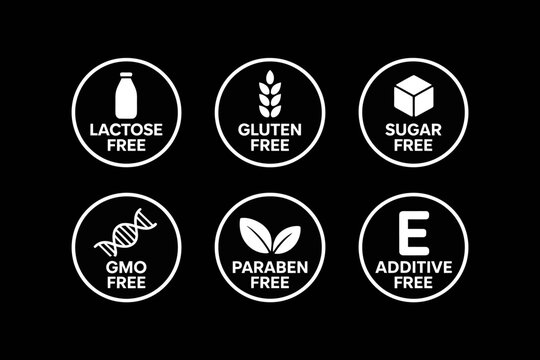Six health conscious product labels showing free from ingredients on transparent background