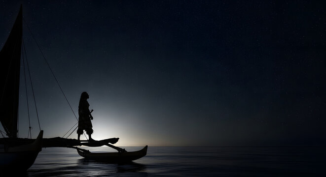 Silhouette of a traditional polynesian voyager navigating by the stars