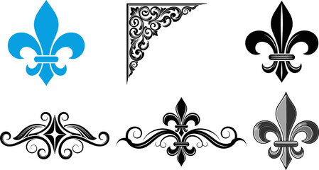 Fleur De Lis Ornament Collection with Decorative Floral Heraldic Symbols Vintage Design Elements Vector Illustration Set © MdMojnu