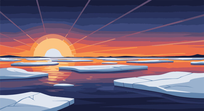Pixel art sunset over icy water with sun rays