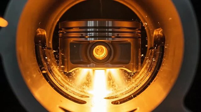Close-up view of an engine piston with a bright light source illuminating the chamber area