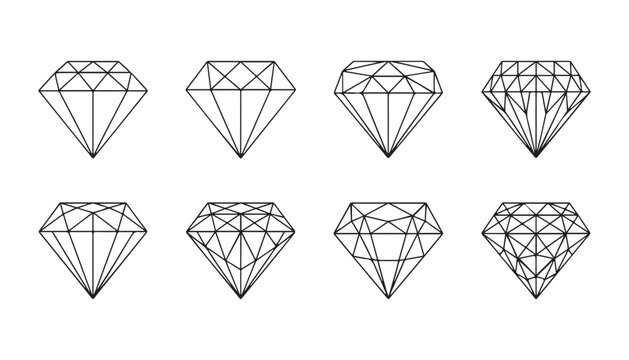 Collection of diamond icons with diverse facet patterns designed in clean thin line vector graphics.