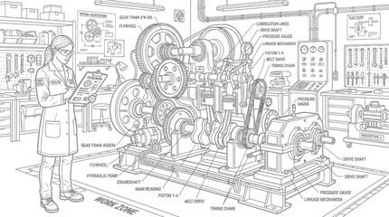 Obraz premium A detailed illustration of a complex mechanical engine with a scientist observing it in a workshop setting.
