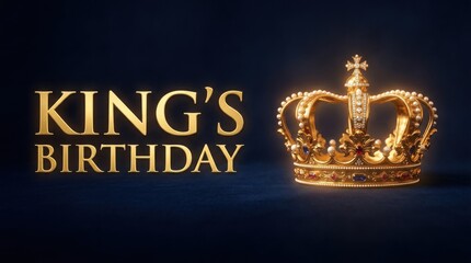 King's Birthday elegant greeting card, golden royal crown on dark blue background, majestic monarchy celebration banner with luxury typography