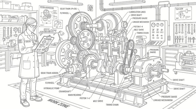 A detailed illustration of a complex mechanical engine with a scientist observing it in a workshop setting.