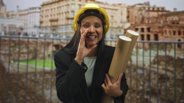 Woman architect holding rolled blueprints cupping hand to mouth while smiling at building; confidence planning.