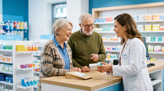 Elderly couple receiving medical advice from pharmacist in pharmacy  