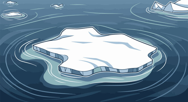 A stark, cartoony depiction of white ice floes adrift in dark blue water