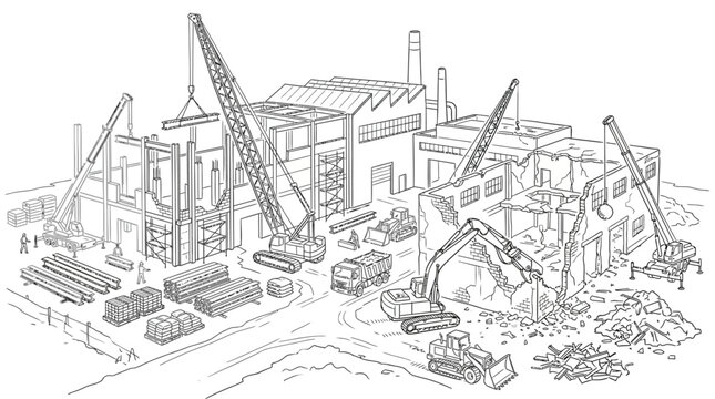 An industrial scene depicting the demolition and construction of large factory buildings with various heavy machinery and workers.