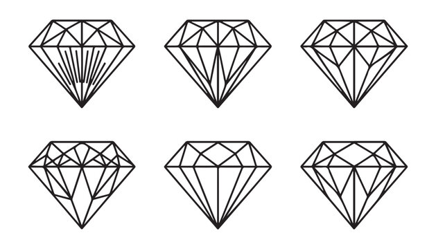 Intricate diamond gemstone icons featuring detailed geometric facets for luxury jewelry branding kit.