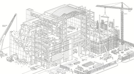 Obraz premium An intricate architectural illustration depicting the complex construction process of a large industrial building with cranes and scaffolding.