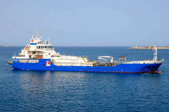 Paros, Greece - May 21, 2024: EKO 2 oil tanker is approaching the port on the island of Paros. Cyclades, Greece