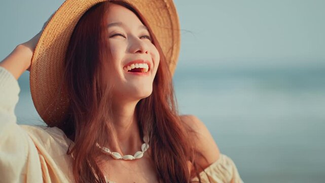 Radiant young Asian woman with a happy smile wearing a straw hat and shell necklace at the beach during golden hour. Female traveler enjoying summer sunshine and freedom at the seaside. lifestyle