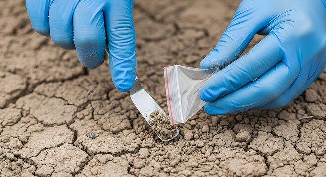 gloved hands collecting dry soil sample in plastic bag on cracked earth