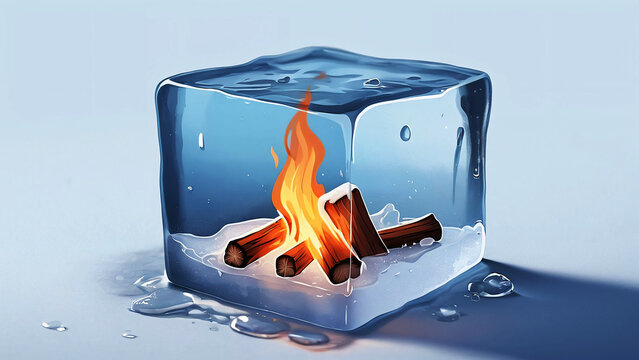 Fire Inside Ice Cube Paradox Heat and Cold Concept