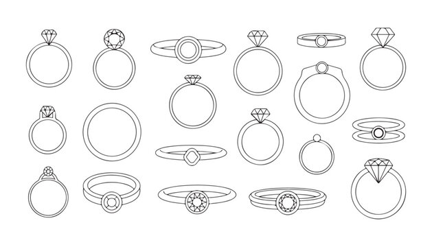 Wedding ring and engagement jewelry line icons set featuring various diamond settings and band types.