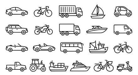 Minimal transportation icon set with cars bikes trucks and boats in simple vector line art design © MdArif