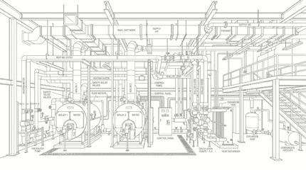 Obraz premium Detailed architectural drawing of an industrial facility's interior, showcasing complex piping, machinery, and structural elements.